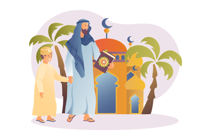 Arabic father going to mosque with son  Illustration