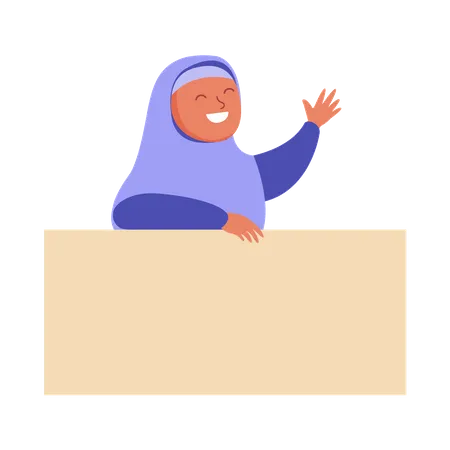 Vector Illustration Of Peeping Moslem Girl Behind Blank Notice Board Illustration