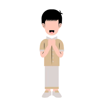 Muslim Boy With Eid Greeting Gesture Illustration