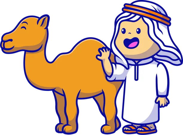 Arabic Moslem Boy Standing With Camel  Illustration