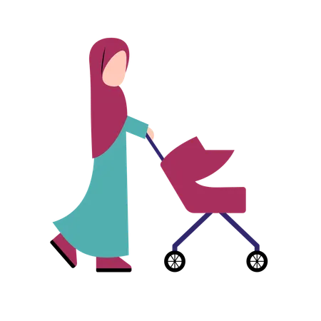 Arabic Mother With Baby Stroller  Illustration