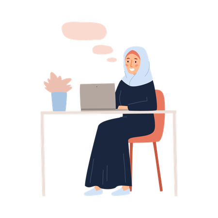 Arabic Muslim business woman working at laptop  Illustration