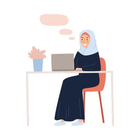 Arabic Muslim business woman working at laptop  Illustration