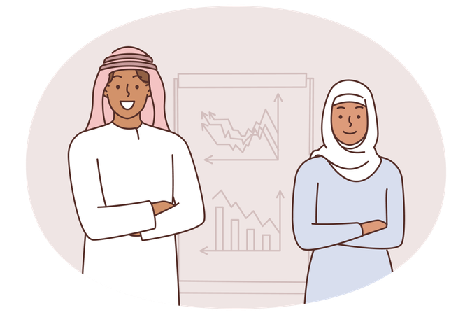 Arabic office workers standing near board with charts talking about marketing strategy of corporation  Illustration