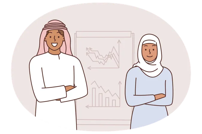 Arabic office workers standing near board with charts talking about marketing strategy of corporation  Illustration