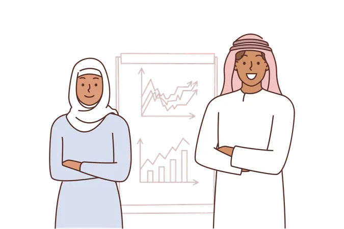 Arabic Office Workers Stand Near Board With Charts Talking About Marketing Strategy Of Corporation From Turkey Man And Woman In Arabic Clothes Are Invited To Make Deal With International Company Illustration