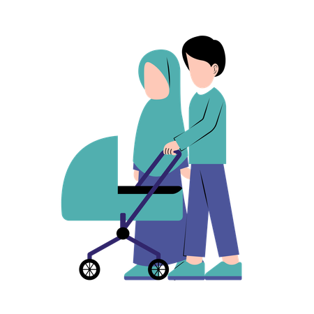 Arabic Parents With Baby Stroller  Illustration