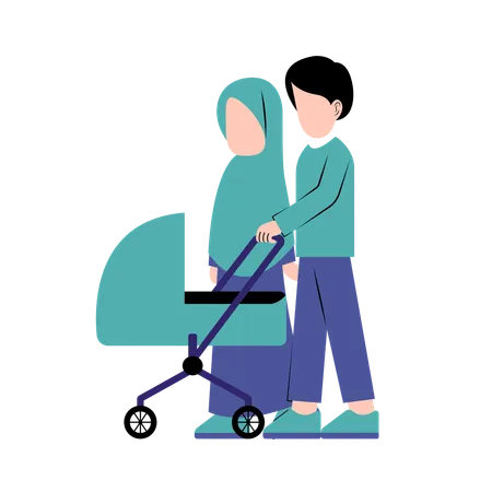 Muslim Parents With Baby Stroller イラスト