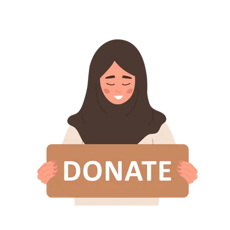 Arabic volunteer woman holding in hands cardboard sign Donate  Illustration