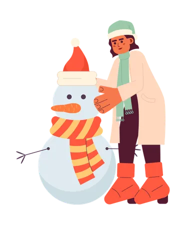 Arabic Woman Building Snowman Xmas 2 D Cartoon Character Middle Eastern Lady Holding Winter Spirit Isolated Vector Person White Background New Years Eve December Scene Color Flat Spot Illustration Illustration