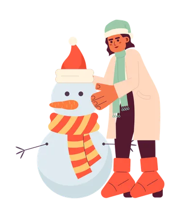 Arabic woman building snowman xmas  Illustration