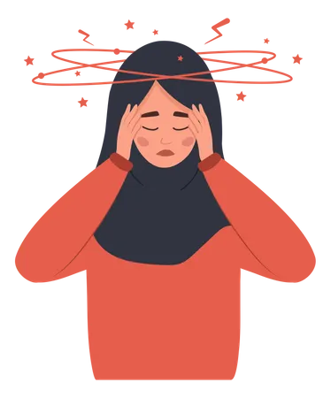 Anemia Concept Sad Arabic Woman With Dizziness Unhappy Girl Suffers From Vertigo And Headache And Needs Medical Help Lack Of Iron In Immune System Vector Illustration In Flat Cartoon Style Illustration