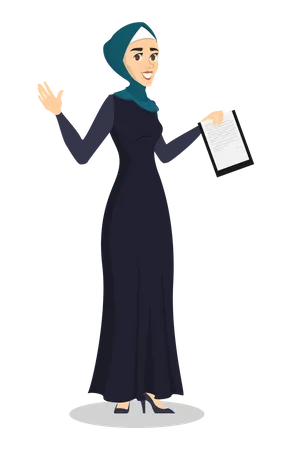 Arab Business Woman Lady In Hijab Standing And Smiling Muslim Character Holding Clipboard Isolated Vector Cartoon Illustration Illustration