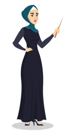 Arab Business Woman Lady In Hijab Standing And Smiling Muslim Character Holding Pointer Isolated Vector Cartoon Illustration Illustration