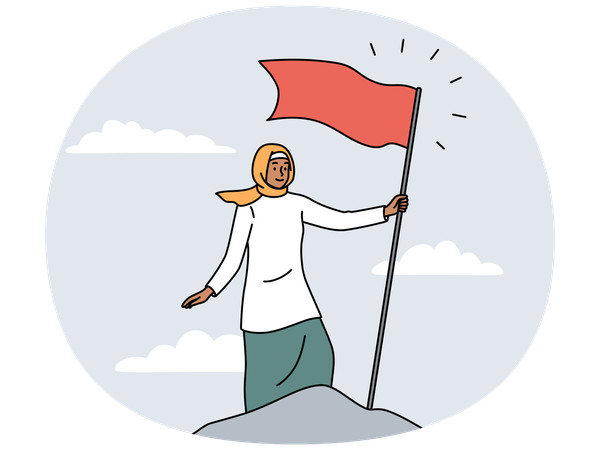 Arabic woman put red flag on mountain peak  Illustration