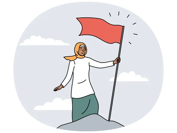 Arabic woman put red flag on mountain peak  Illustration