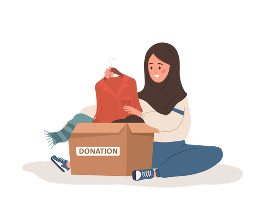 Arabic woman putting old used clothes ready to be shared or recycled to cardboard box  Illustration