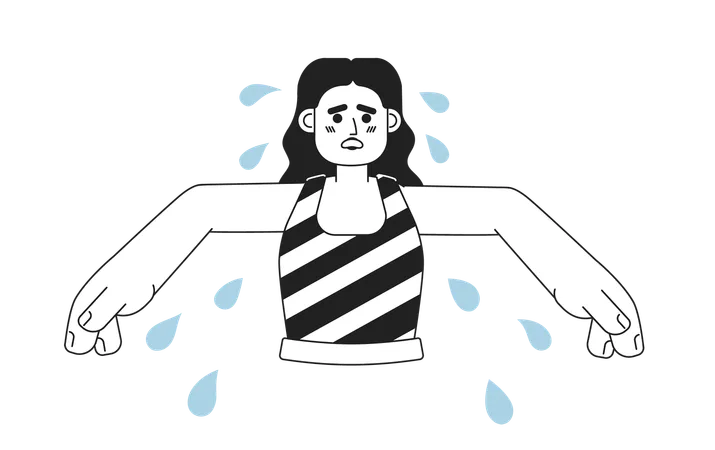 Arabic Woman With Sweaty Armpits Monochromatic Flat Vector Character Sweating Girl Feels Discomfort Editable Thin Line Half Body Person On White Simple Bw Cartoon Spot Image For Web Graphic Design Illustration