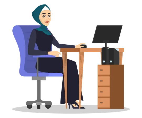 Muslim Woman In Hijab Working At The Desk On Computer Arabian Business Woman Beautiful Character Professional Manager Isolated Vector Cartoon Illustration Illustration