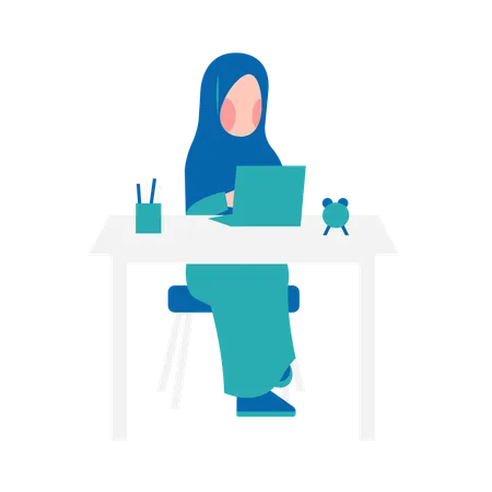 Hijab Woman Working On Desk Illustration