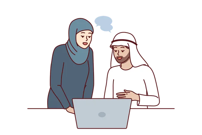 Office Workers In Arabic Clothing Discussing Business Presentation From Laptop Arabic Man And Woman Work Together In Corporation In Dubai Or Emirates And Conduct Business Negotiations Via Internet Illustration