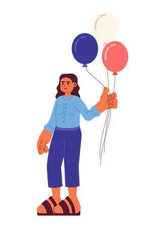 Arabic Young Woman Holding Red White And Blue Balloons Semi Flat Colorful Vector Character US Holiday Editable Full Body Person On White Simple Cartoon Spot Illustration For Web Graphic Design Illustration
