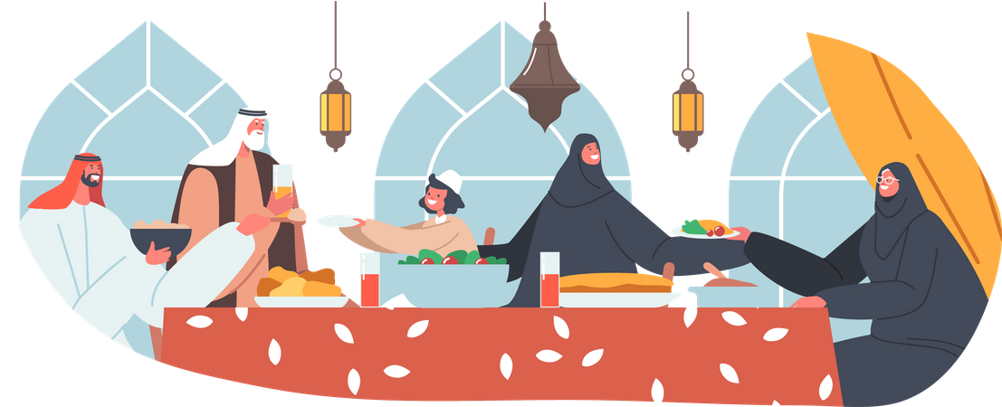 Arabische Familie isst Ifthar am Ramadan  Illustration