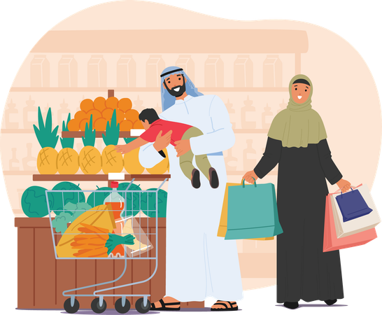 Arabische Familie mit Kleinkind beim Einkaufen im Supermarkt  Illustration