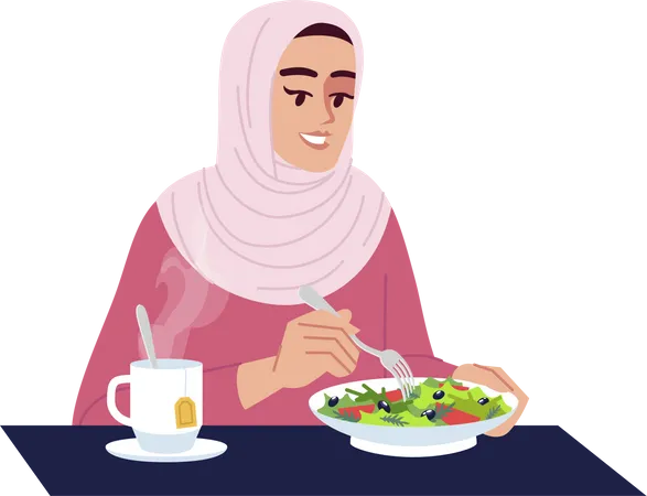 Arabische Frau isst Salat mit heißem Tee  Illustration