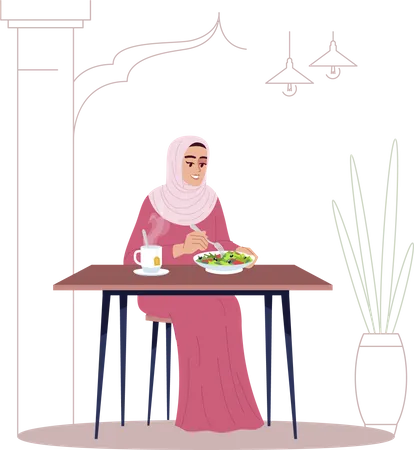 Arabische Frau isst Salat mit heißem Tee  Illustration