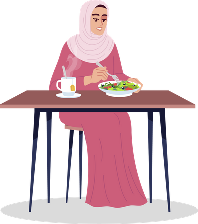 Arabische Frau isst Salat mit heißem Tee  Illustration