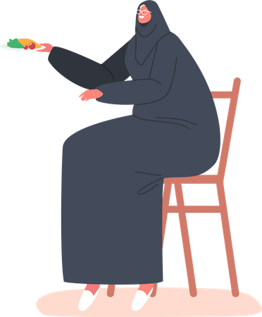 Arabische Frau sitzt auf Stuhl und hält Essensteller  Illustration