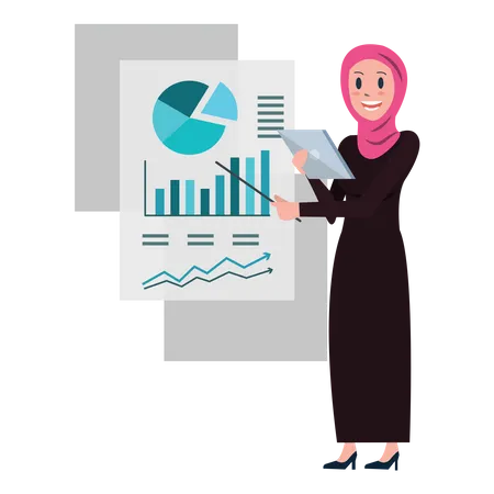 Präsentation einer arabischen Geschäftsfrau mit Datenbildschirm  Illustration