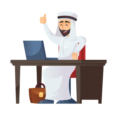 Arabischer Geschäftsmann sitzt am Schreibtisch  Illustration