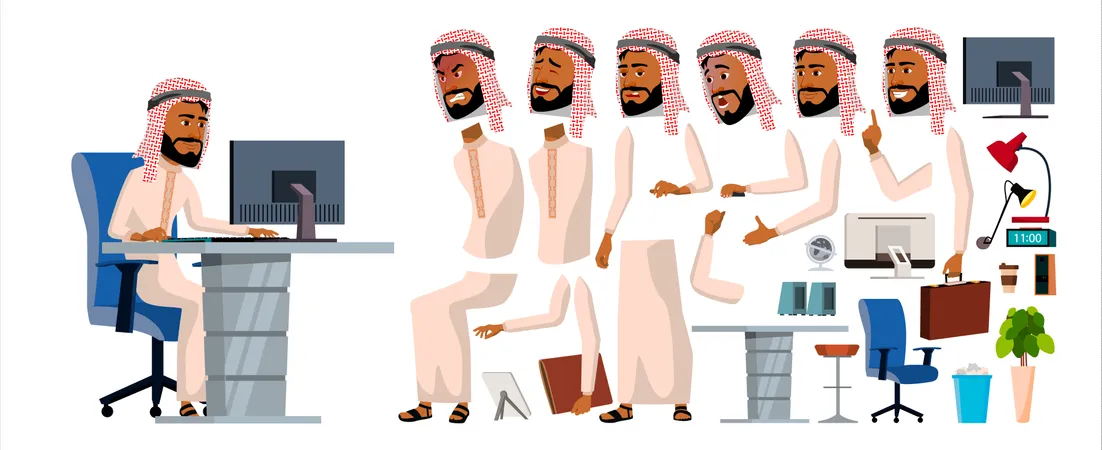 Arabischer Geschäftsmann, der verschiedene Körperteile in der Animation verwendet  Illustration