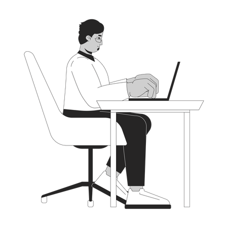 Arabischer Mann sitzt mit Laptop am Schreibtisch  Illustration