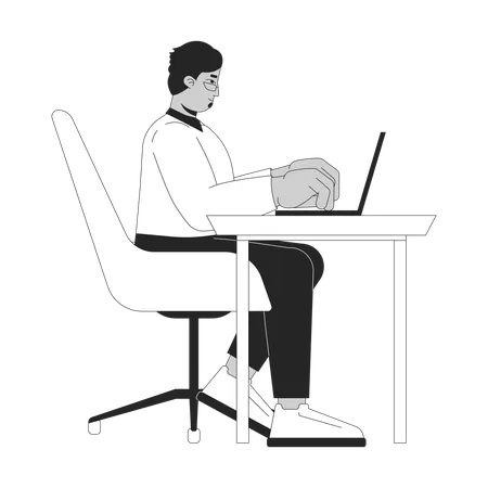 Arabischer Mann sitzt mit Laptop am Schreibtisch  Illustration