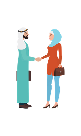 Homem aram e garota hijab fazendo negócio  Ilustração