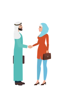 Homem aram e garota hijab fazendo negócio  Ilustração