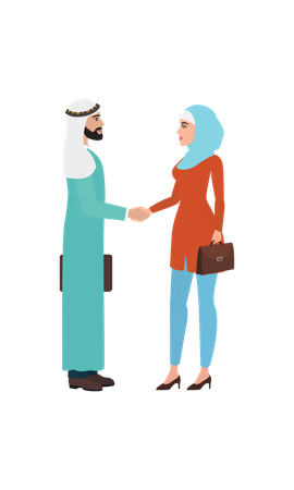 Aram man and hijab girl doing business deal  Illustration