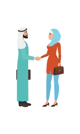Aram man and hijab girl doing business deal  Illustration