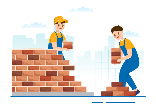 Arbeiter beim Bau einer Ziegelmauer  Illustration