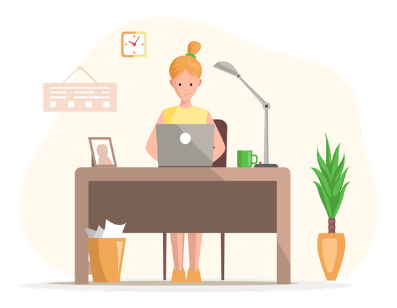 Arbeitende Mitarbeiterin im Büro sitzt am Tisch mit Computer  Illustration