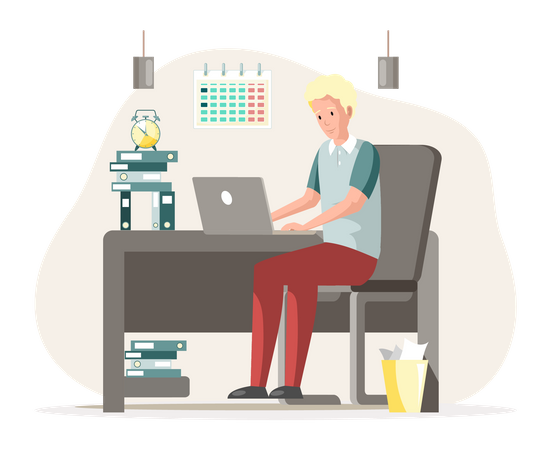 Arbeitender männlicher Angestellter im Büro, der mit Computer am Tisch sitzt  Illustration