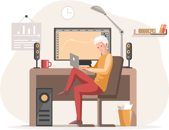 Arbeitender männlicher Angestellter im Büro, der am Tisch mit Computer sitzt  Illustration