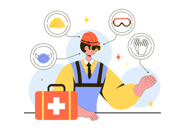 Arbeiter, der an persönlichem medizinischen Schutz arbeitet  Illustration