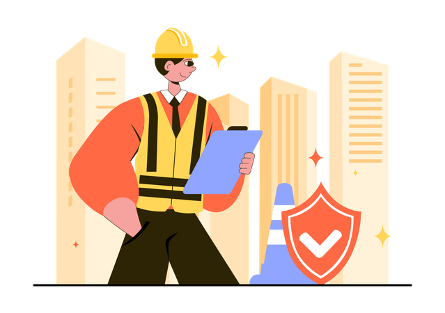 Arbeiter, der an der persönlichen Schutzausrüstung arbeitet  Illustration