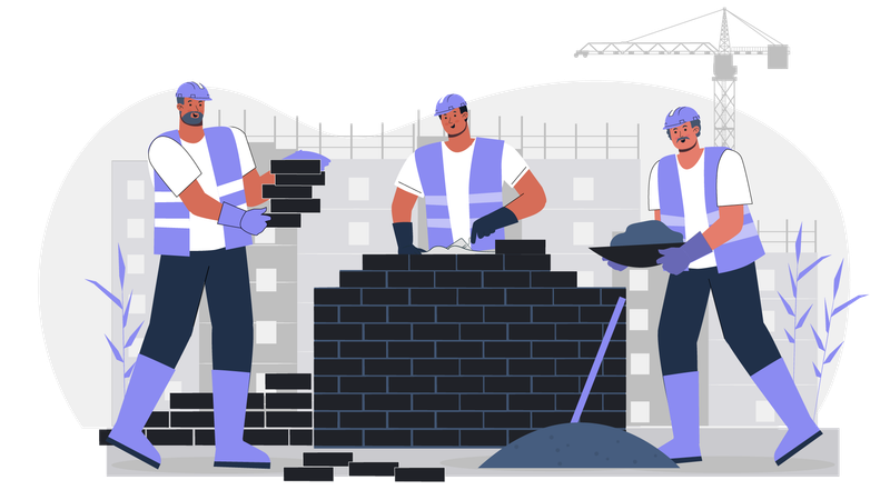 Arbeiter bauen Mauer aus Ziegeln  Illustration