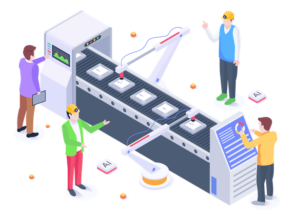 Arbeitnehmer mit Förderband Maschine an der Fertigung Fabrik  Illustration