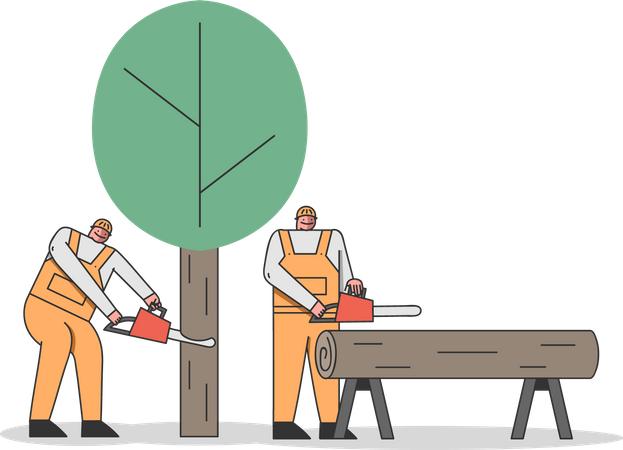 Arbeiter fällt Bäume und sammelt Baumstämme  Illustration